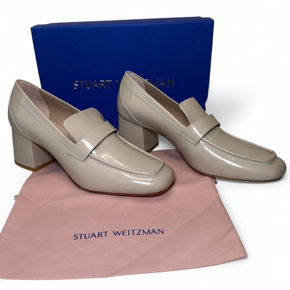 Stuart Weitzman Glossy Beige Patent Leather Block Heel Loafers